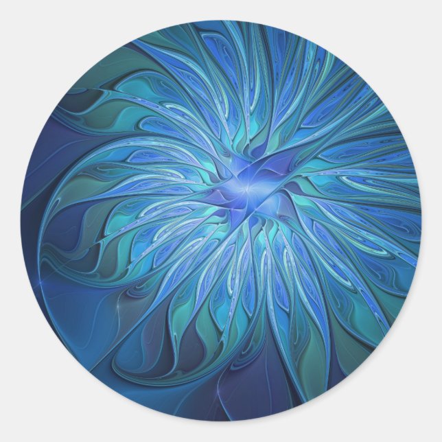 Blue Blume Fantasy Pattern, Abstraktes Fraktal Art Runder Aufkleber (Vorderseite)