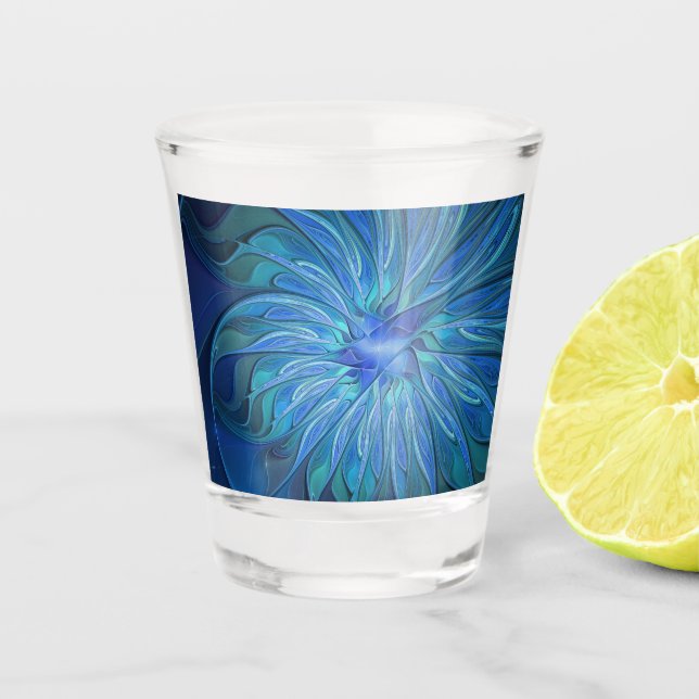 Blue Blume Fantasy Pattern, Abstraktes Fraktal Art Schnapsglas (Vorderseite)
