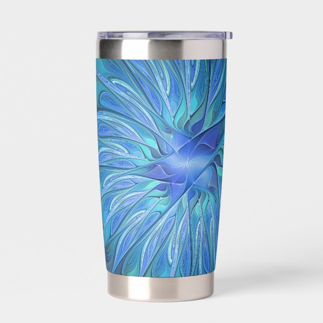 Blue Blume Fantasy Pattern, Abstraktes Fraktal Art Thermobecher (Links)