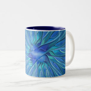 Blue Blume Fantasy Pattern, Abstraktes Fraktal Art Zweifarbige Tasse