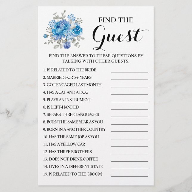 Blue Blume Finden Sie die Game Card des Brautparty Flyer (Vorne)