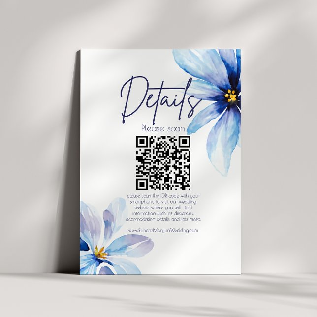 Blue Blume Minimalistischer QR CODE Hochzeitdetail Begleitkarte (Von Creator hochgeladen)