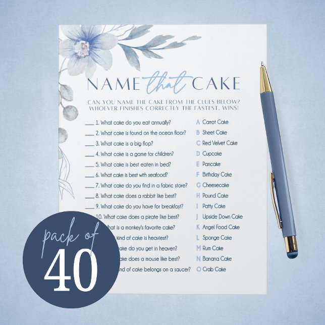 Blue Blume Name The Cake Brautparty Game Pack Notizblock (Beautiful Blue Watercolor Floral Name That Cake Bridal Shower Game Pack of 40 Games)