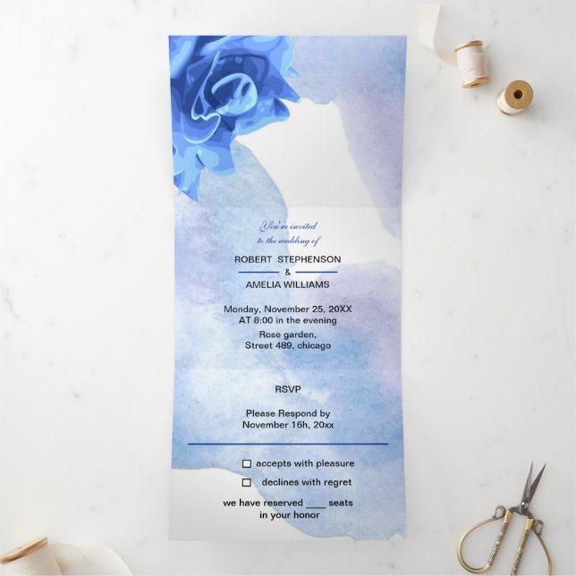 Blue Blume Personalisiert Wedding Dreifach Gefaltete Einladung (Innenseite)