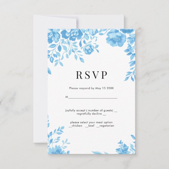 Blue Blume Retro Blumen Hochzeit RSVP (Vorderseite)
