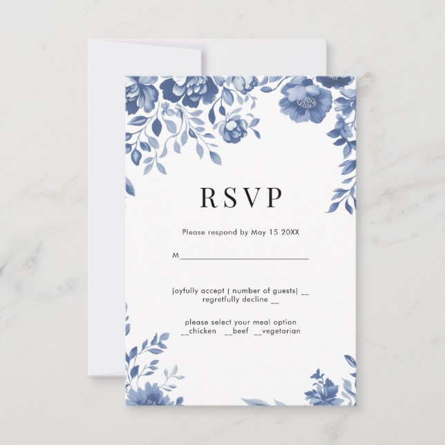 Blue Blume Retro Blumen Hochzeit RSVP Karte (Vorderseite)