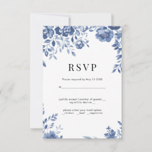 Blue Blume Retro Blumen Hochzeit RSVP Karte