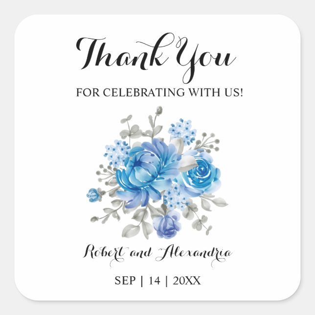 Blue Blume Vielen Dank für Ihre Hochzeit Quadratischer Aufkleber (Vorderseite)