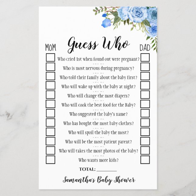 Blue Blumen raten Wer Baby Dusche Spielkarte Flyer (Vorne)
