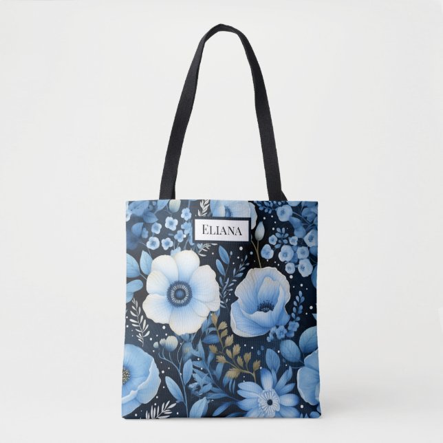 Blue Blumen Wasserfarbe mit Ihrem Namen | Tasche (Vorderseite)