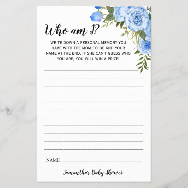 Blue Blumen Wer bin ich Baby Showgame Card Flyer (Vorne)