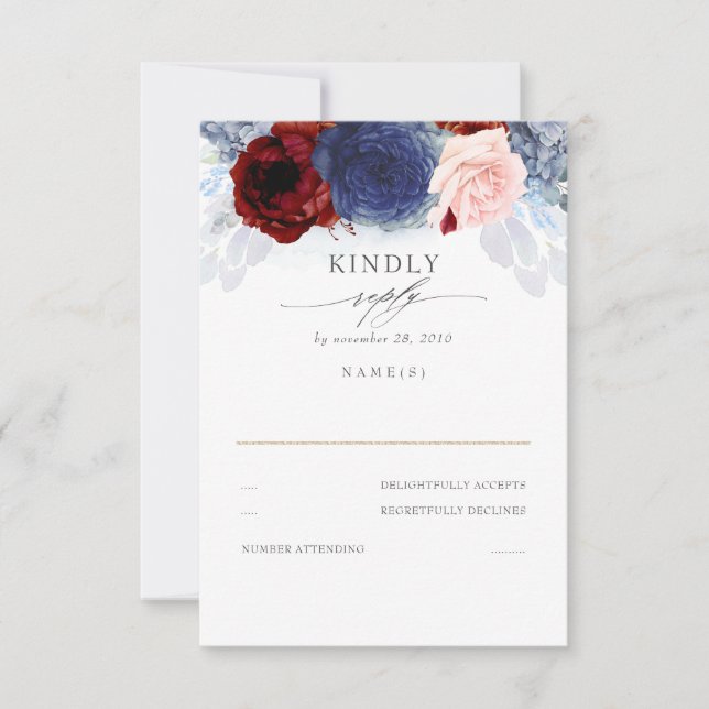 Blue Blush and Burgundy Red Wedding RSVP (Vorderseite)
