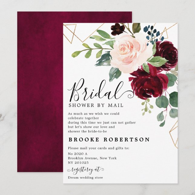 Blue Blush Burgundy Brautparty per Post Einladung (Vorne/Hinten)