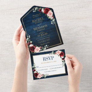 Blue Blush Burgundy Gold Geometric Wedding Al All In One Einladung