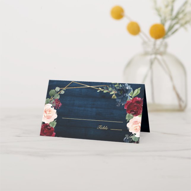 Blue Blush Burgundy Gold Geometric Wedding Pl Platzkarte (Rückseite)