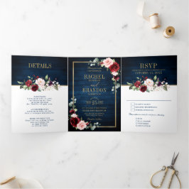 Blue Blush Burgundy Gold Geometric Wedding Tr Dreifach Gefaltete Ankündigung