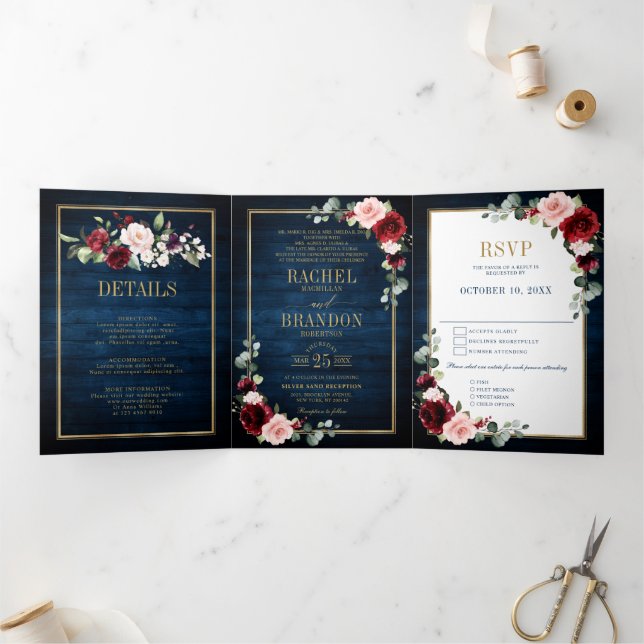 Blue Blush Burgundy Gold Geometric Wedding Tr Dreifach Gefaltete Ankündigung (Innenseite)