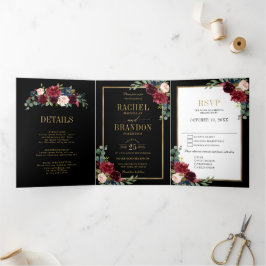 Blue Blush Burgundy Gold Geometric Wedding Tr Dreifach Gefaltete Ankündigung