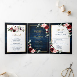 Blue Blush Burgundy Gold Geometric Wedding Tr Dreifach Gefaltete Ankündigung