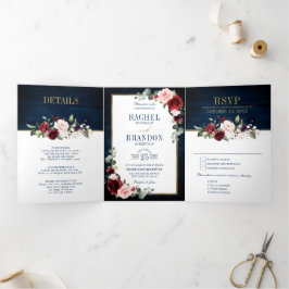 Blue Blush Burgundy Gold Geometric Wedding Tr Dreifach Gefaltete Ankündigung
