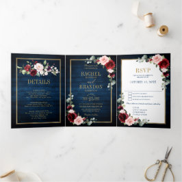 Blue Blush Burgundy Gold Geometric Wedding Tr Dreifach Gefaltete Ankündigung