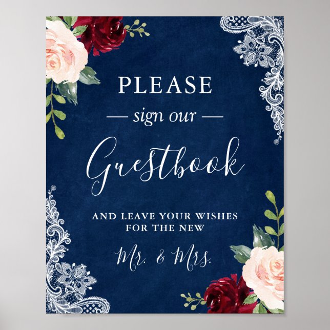 Blue Blush Floral Lace Hochzeit Gästebuchszeichen Poster (Vorne)