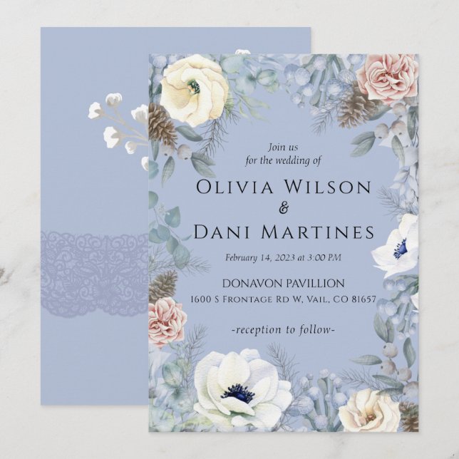 Blue Blush Floral Nature Faire-part de mariage (Devant / Derrière)