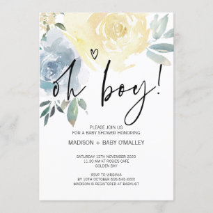 Blue Blush Floral Oh Boy Baby Dusche Party Einladung