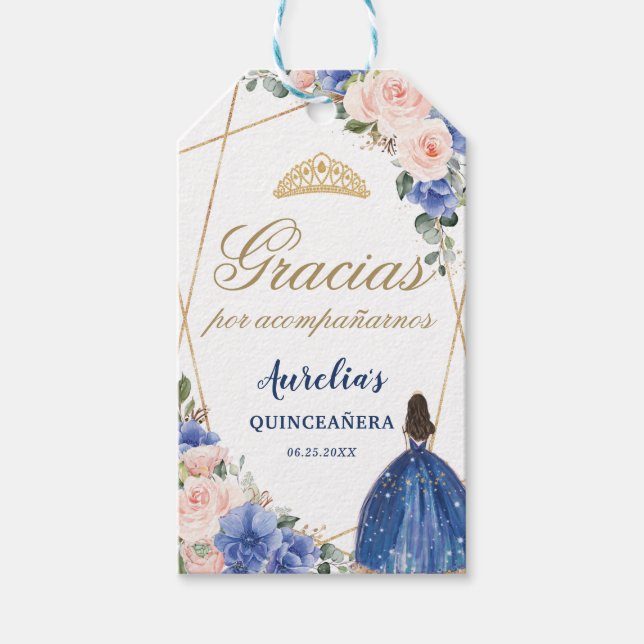 Blue Blush Floral Quinceanera Gefallen Vielen Dank Geschenkanhänger (Vorderseite)