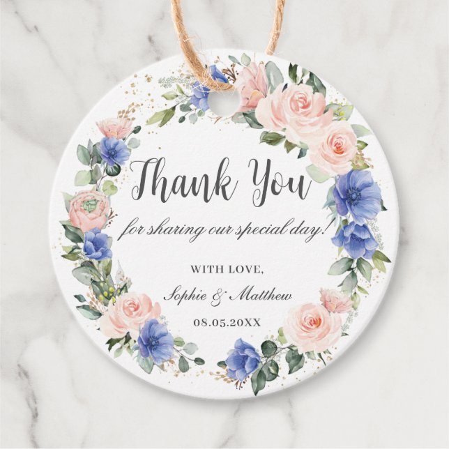 Blue Blush Floral Wedding Bridal Gefallen Vielen D Geschenkanhänger (Vorderseite)