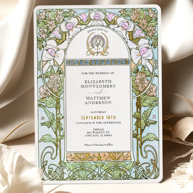 Blue & Blush Florals Jugendstil Hochzeit Einladung (Von Creator hochgeladen)