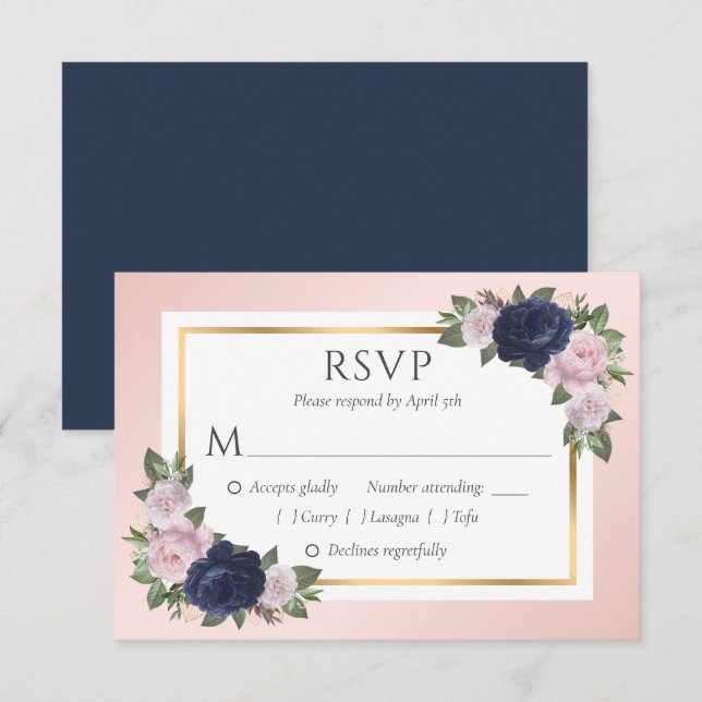 Blue Blush Gold Floral Wedding RSVP Cards (Vorne/Hinten)