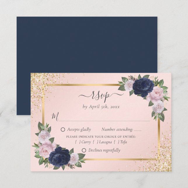 Blue Blush Gold Hochzeit RSVP Meal Choice (Vorne/Hinten)