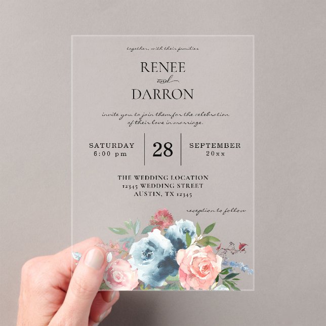 Blue & Blush Pink Blues Hochzeit Acryleinladungen (Insitu (Handheld))