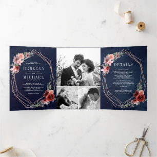 Blue Blush Pink Burgundy Rose Gold Wedding Dreifach Gefaltete Einladung
