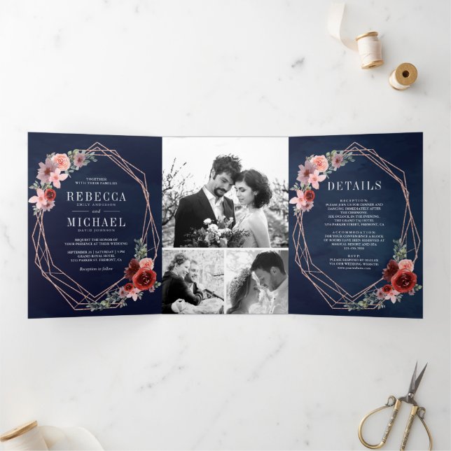 Blue Blush Pink Burgundy Rose Gold Wedding Dreifach Gefaltete Einladung (Innenseite)