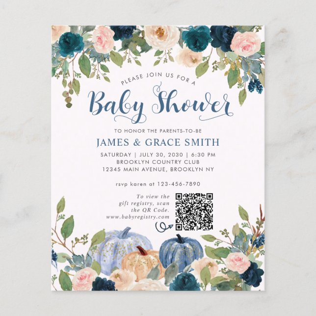 Blue Blush Pink Floral Pumpkin Baby Dusche (Vorderseite)