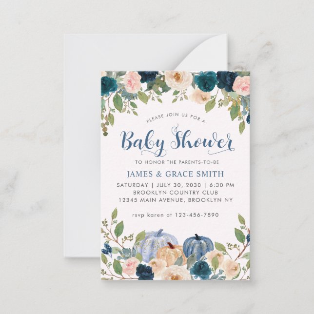 Blue Blush Pink Floral Pumpkin Baby Dusche Mitteilungskarte (Vorderseite)