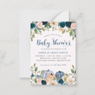 Blue Blush Pink Floral Pumpkin Baby Dusche Mitteilungskarte