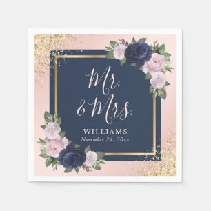 Blue Blush Pink Gold Floral Mr & Mrs. Wedding Serviette
