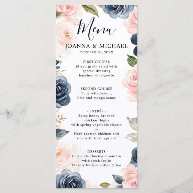 Blue Blush Rosa Boho Wedding Menu Menükarte (Vorderseite)