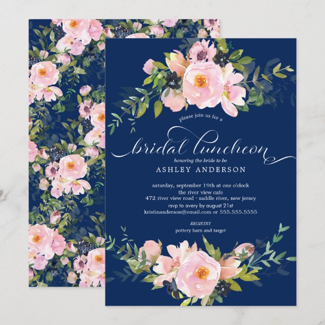Blue Blush Rose & Peonies Bridal Luncheon Einladung (Vorne/Hinten)