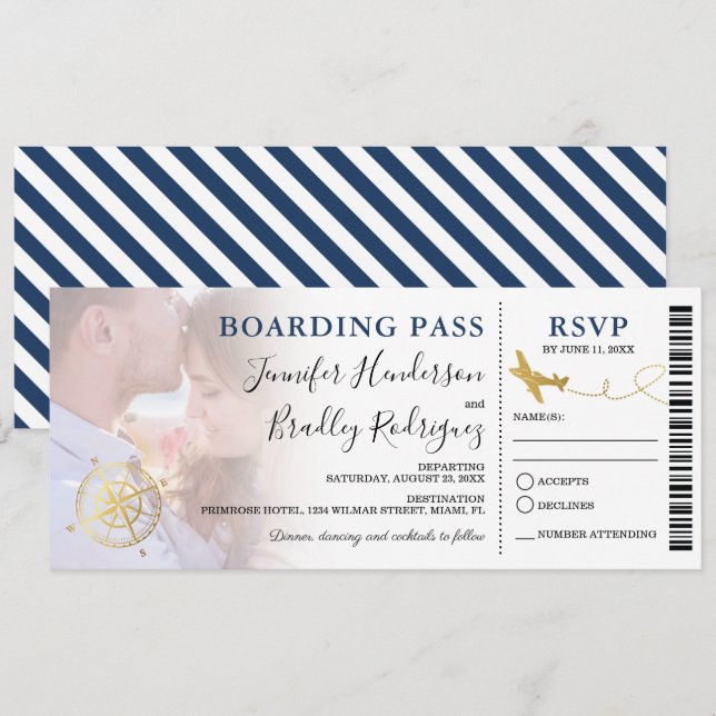 Blue Boarding Pass | HOCHZEIT IN URLAUBSORT FOTO Einladung (Vorne/Hinten)