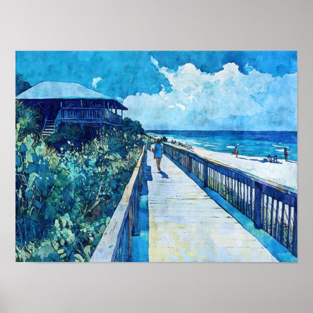 Blue Boardwalk Beach Watercolor Poster (Devant)