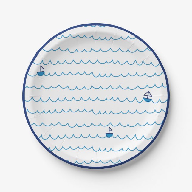 Blue Boats Waves Summer Party Nautical Ship Pappteller (Vorderseite)
