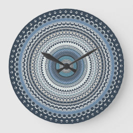 Blue Bohemisch Boho Mandala Große Wanduhr