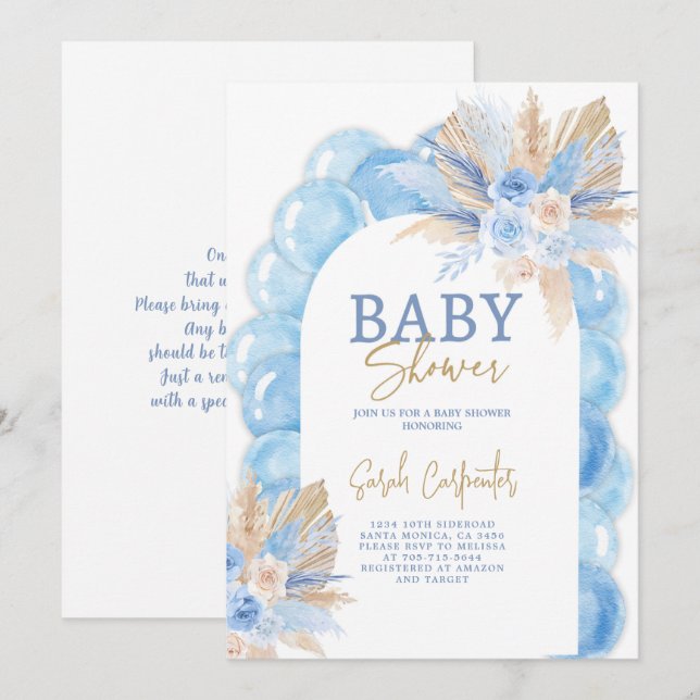 Blue Boho Arch Baby Shower Boy Einladung (Vorne/Hinten)