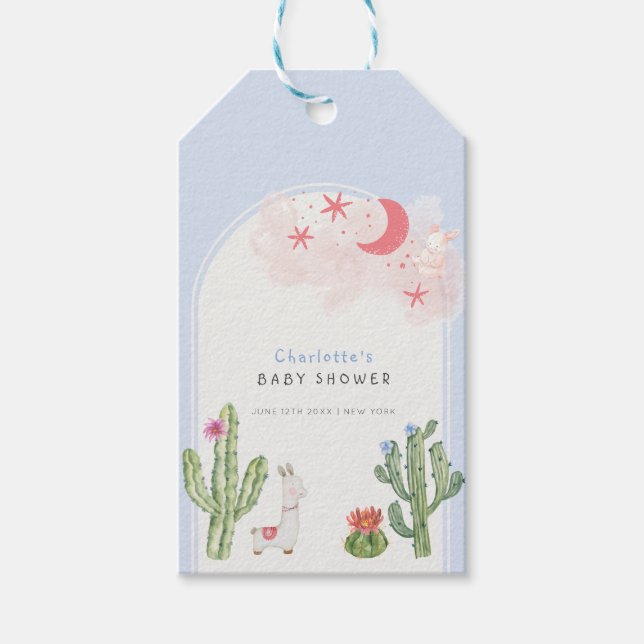 Blue Boho Arch Cactus Toys Boy Baby Shower Geschenkanhänger (Vorderseite)
