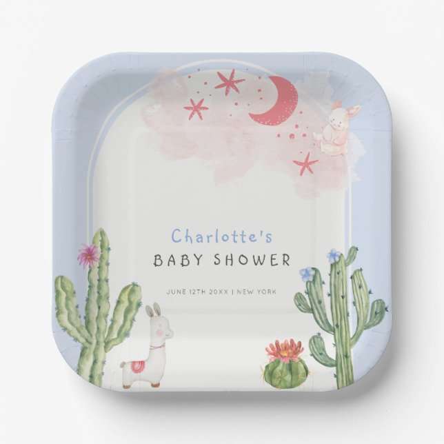 Blue Boho Arch Cactus Toys Boy Baby Shower Pappteller (Vorderseite)