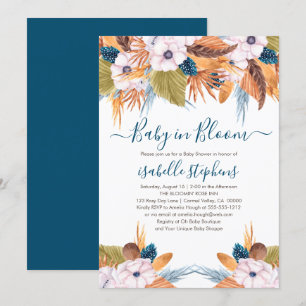 Blue Boho Baby in Bloom Pampas Grass Baby Dusche Einladung